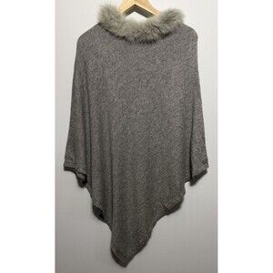 Exclusive Cashmere Poncho One Size Gray V Neck Fur Neck Hand Made in Nepal